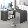 HSH L Shaped Desk with Drawers Shape Computer Storage Cabinet Shelves Reversible Modern Industrial Home Office Corner Desk Rustic Wood Executive Writing Gaming Study Table Gray 55 Inch
