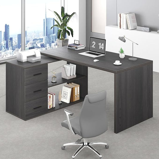 HSH L Shaped Desk with Drawers Shape Computer Storage Cabinet Shelves Reversible Modern Industrial Home Office Corner Desk Rustic Wood Executive Writing Gaming Study Table Gray 55 Inch