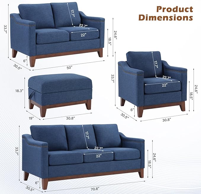 Modern 2 Piece Sofa Set with Rivets Included Chenille Loveseat 2-Seater Sofa and Upholstered 3-Seater Couches with Solid Wood Legs Living Room Furniture SetBlue