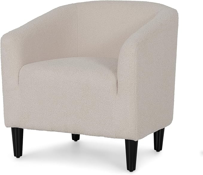 Modern Barrel Chair Furry Sherpa Accent Chair with Wood Legs Elegant Upholstered Armchair Single Sofa Chair for Bedroom Living Room Office Gray
