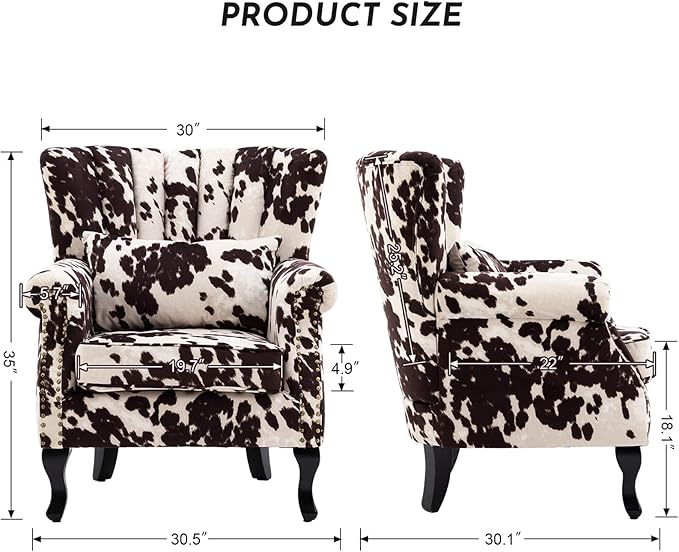 Accent Reading Arm Chairs Midcentury Modern Comfy Corner Sofa Chair Wingback Waiting Room Club Chair with Channel Back for Living Room/Bedroom/Reception Room Fabric Cow