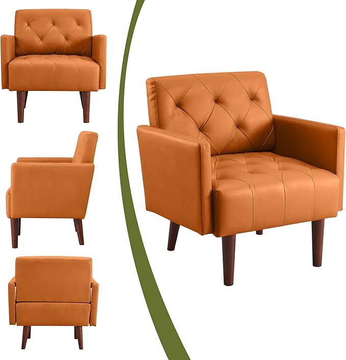 Faux Leather Accent Chair Modern PU Armchair Retro Tufted Upholstered Arm Chair Comfy Leather Club Chair Single Sofa for Living Room Bedroom Reading Room Apartment (Orange)