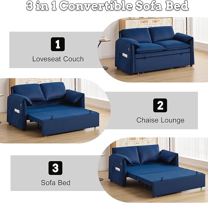 63 Velvet Pull Out Sofa Bed 3-in-1 Convertible Futon Loveseat Queen Sleeper Sofa Couch Bed with Adjustable Backrest USB Ports &amp Side Pockets Modern Sofas for Living Room Apartment Blue