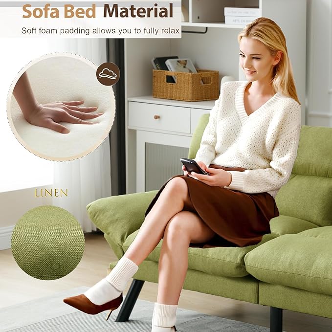 70Modern Linen Convertible Folding Futon Couch Sofa Bed Adjustable Pillow Top Arm Memory Foam Couch Double Loveseat Sofa for Compact Living SpaceDormGame StudioApartmentBedroom (Green)