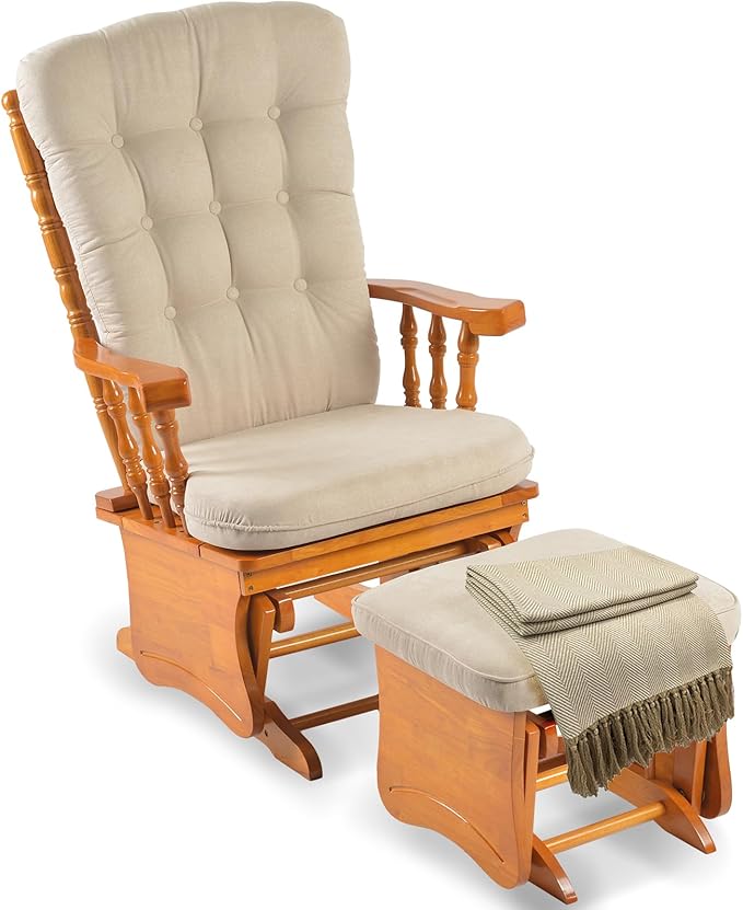 Anti-Pinch Solid Wood Hand Glider Rocking Chair Set with Ottoman with Padded Cushion Rustic Rubber Wood Nursery Glider for Nursing Relaxing Living Room Bedroom Honey Colored