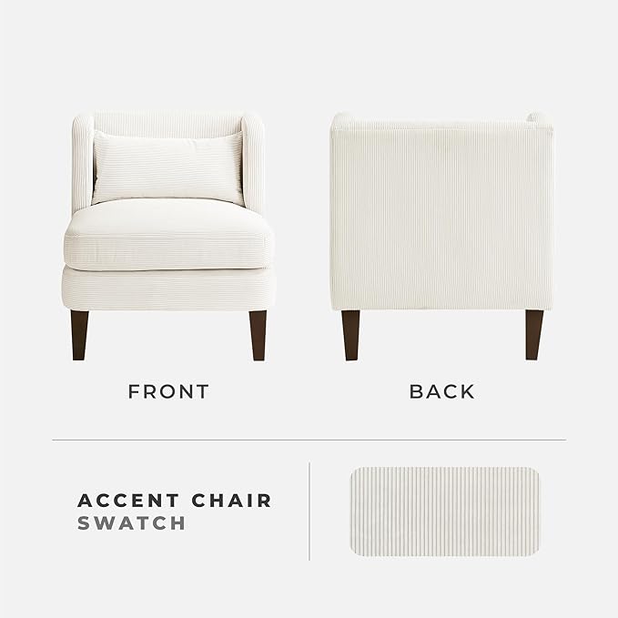 Lexicon Armless Living Room Accent Chair Corduroy Fabric Upholstered Single Sofa Chair with Pillow Solid Wood Legs Wing Back for Bedroom/Office/Waiting Area Beige