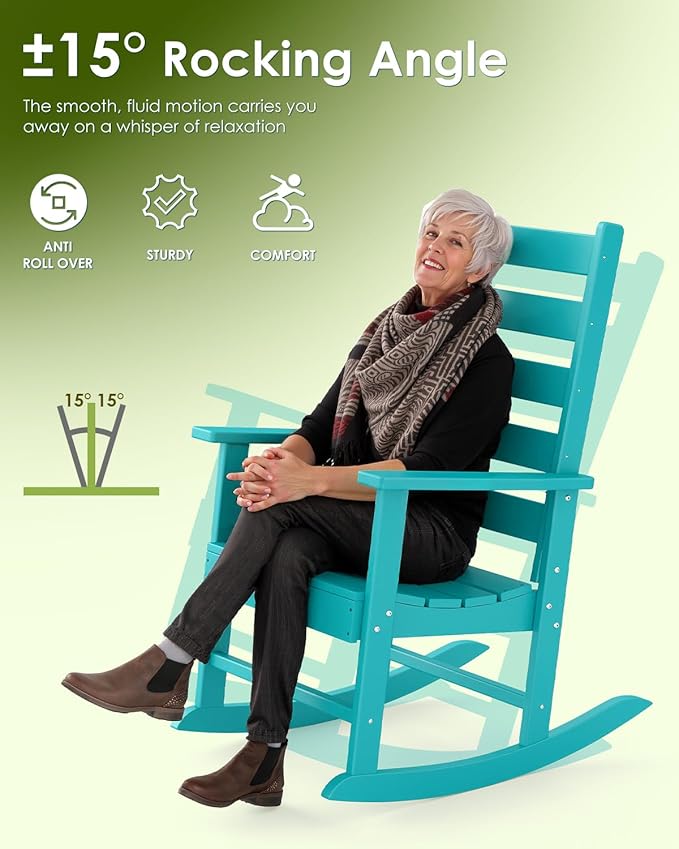 GREENVINES Outdoor-Rocking-Chair | HDPE Plastic | Patio Rockers | Porch Rocker Chairs | Shaker | Oversized | High Ladder Back | Big &amp Tall | PentaLuxe |Aqua