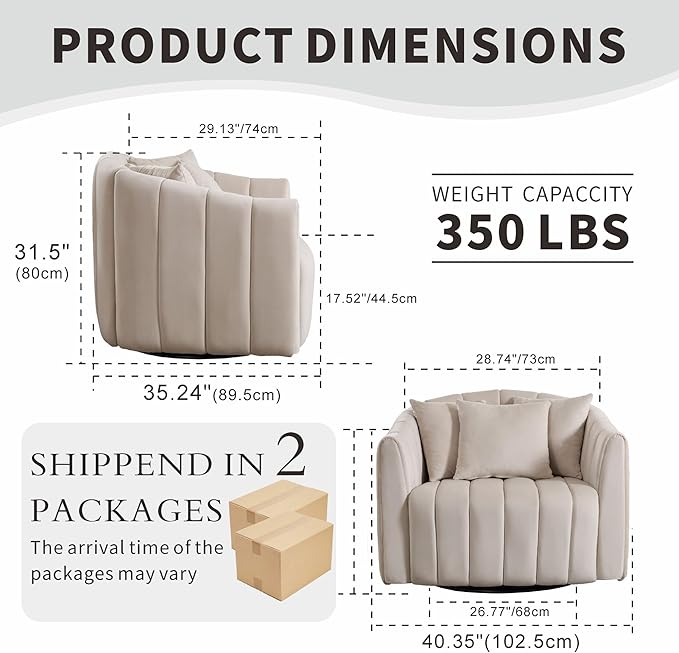 Mlmh &amp Kngwa 40.35 W Swivel Accent Chairs Oversized 360 Degree Swivel Barrel Chair with 3 Pillows Velvet Armchair for Living Room Bedroom Beige