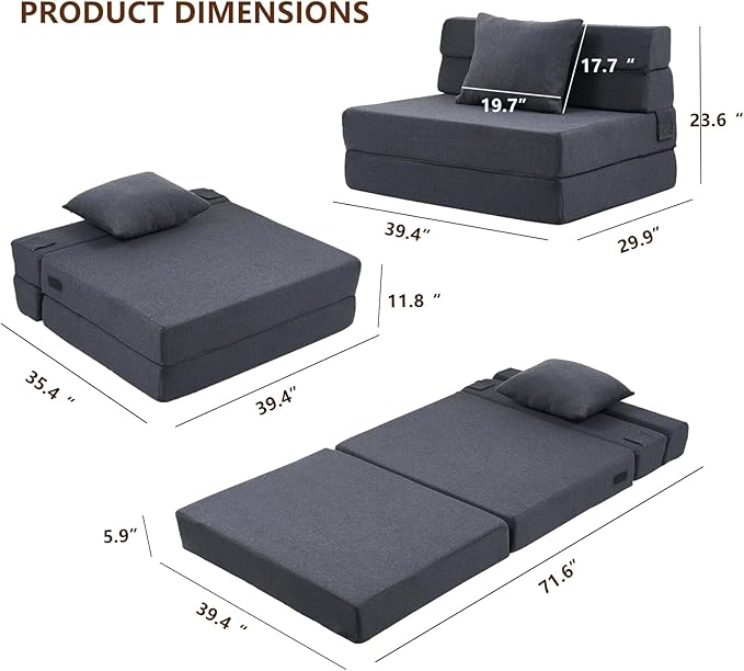 Convertible Folding Sofa Bed Sleeper Chair with Memory Foam &amp Pillow Multi-Functional Foldable Floor Mattress for Bedroom Living Room Dorm Office (Black)