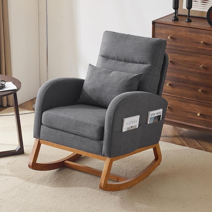 VINGLI Grey Linen Nursery Rocking Chair with Thick Headrest Upholstered Mid-Century Modern Nursing Rocker Glider with Curved Armrest Sturdy Solid Wood Base for Living Room Bedroom Baby Room