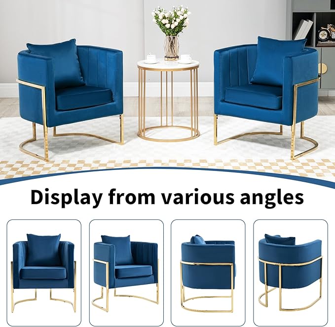 Velvet Modern Living Room Accent Chairs Set of 2 Upholstered Mid-Century Barrel Chairs for Bedroom Side Club Reception Chairs with Gold Metal Legs Blue