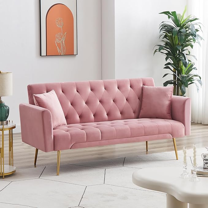 Anwick Modern Velvet Sofa Bed Futon with 2 Pillows2-in 1 Convertible Sleeper Couch BedFolding Recliner Loveseat with Golden Metal Legs for Living Room Apartment Office (Pink)