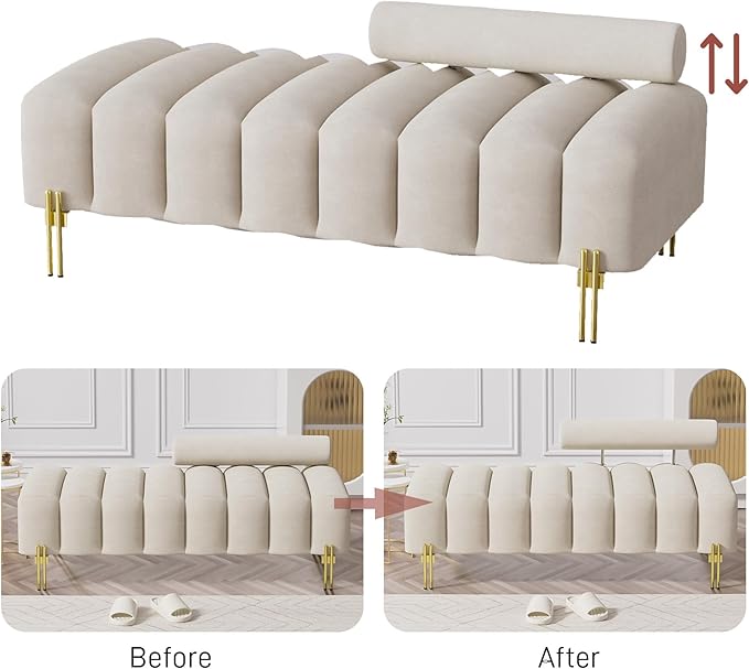 Small Loveseat Sofa Couch 52.2 Modern Velvet Mini Sofa for Bedroom Golden Legs Channel Tufted Window Bench with Adjustable Back for Living Room Apartment Compact Space Beige White