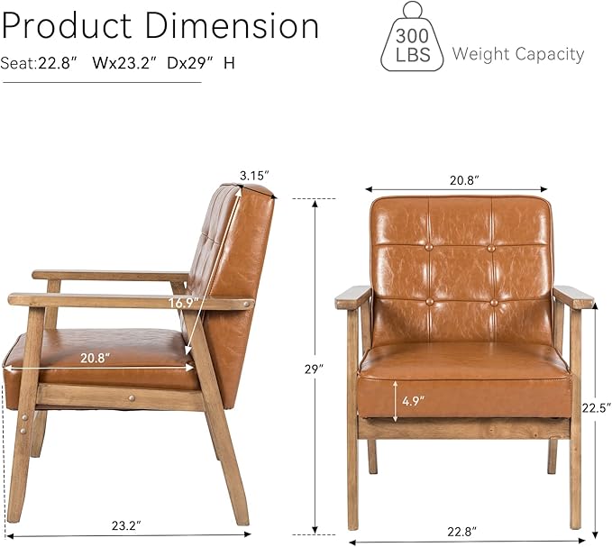 Okeysen Accent Chairs Set of 2 with Side Table Mid Century Modern Accent Chair Retro Wood and Leather Armchairs Side Chair Lounge Reading Comfy Armchair for Living Room Bedroom Office（Brown