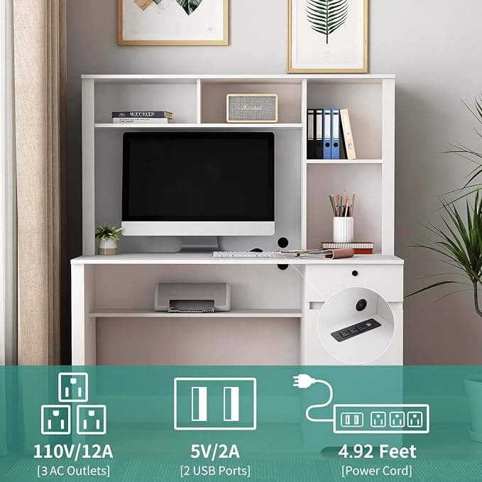 White Wood Executive Desk Teens Student Desk Writing Laptop Home Office Desk with Drawers3 AC Outlets and 2 USB Charging Ports
