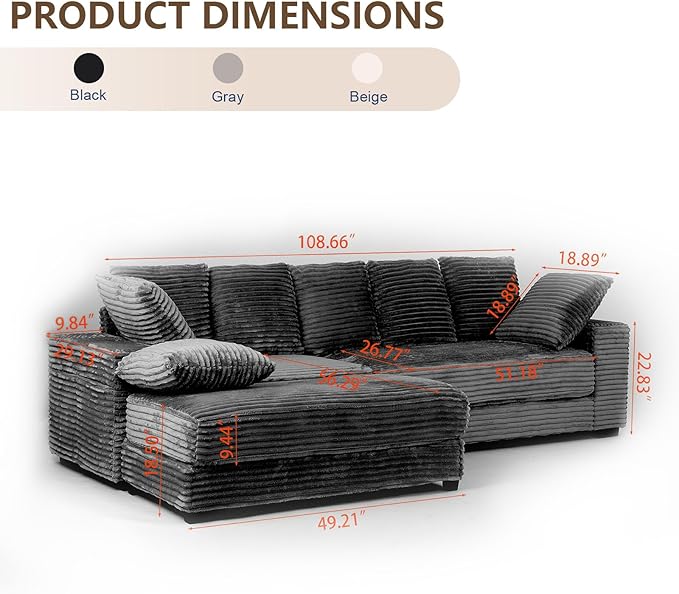 108 Oversized Sectional Sofa Modular Deep Seat Sofa Couch with Storage Ottoman Upholstered Comfy Cloud Couches with 8 Pillows Modern L-Shaped Corduroy Sofa Chaise for Living Room Apartment Gray