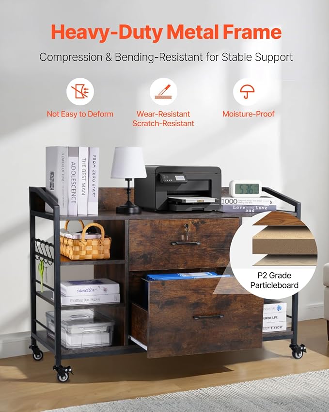 VEVOR 2 Drawers Metal File Cabinet Lateral Filing Cabinet with Lock and 6 Open Shelves Wooden Wide Filing Storage Cabinets with Power Strip for Letter A4 Legal Size File Easy Assembly Brown