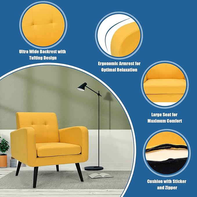 S AFSTAR Modern Upholstered Armchair Mid-Century Fabric Accent Chair with Rubber Wood Legs Leisure Lounge Chairs Living Room Furniture (2 Yellow)