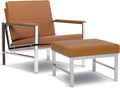 Atlas Bonded Leather Accent Chair with Ottoman Set Mid-Century Modern Lounge Chair &amp Footrest with Chrome Legs for Living Room or Office Guest Seating Chrome/Caramel