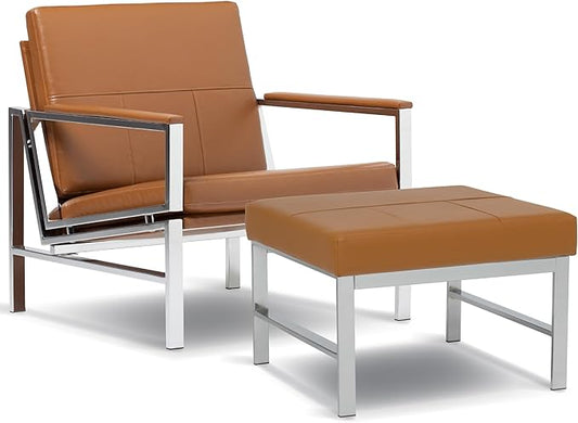 Atlas Bonded Leather Accent Chair with Ottoman Set Mid-Century Modern Lounge Chair &amp Footrest with Chrome Legs for Living Room or Office Guest Seating Chrome/Caramel