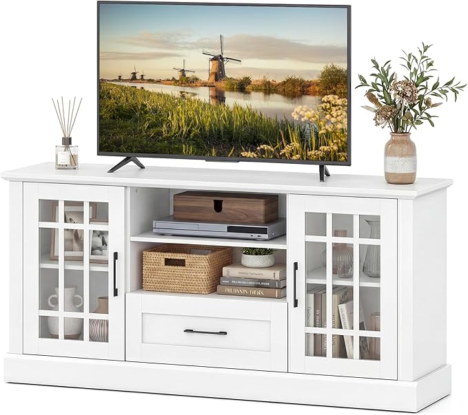 Giantex Farmhouse TV Stand for 65/70 Inch TV Tall Entertainment Center with Storage Cabinets Glass Doors Drawer Removable Shelves Media TV Console Table for Living Room Bedroom (White)