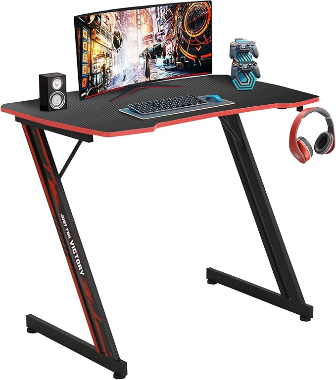 HKLGorg Gaming Desk Computer Desk Z Shaped Gaming Table Writing Modern Ergonomic Racing Style Home Office Table Workstation Carbon Fiber Headphone Hook for Men Boyfriend Female Gift (Red 35)