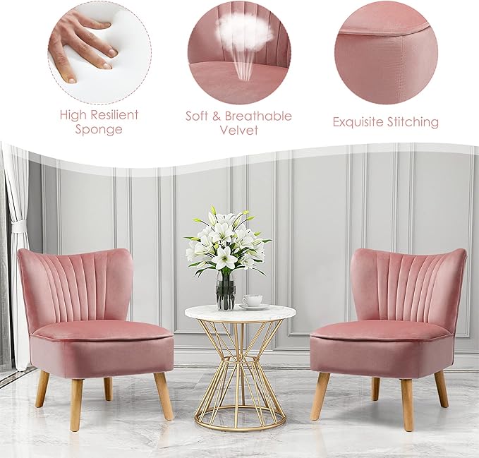 KOTEK Velvet Accent Chair Modern Armless Accent Chair w/Solid Rubber Wood Legs Upholstered Side Chair Club Sofa Chair Slipper Chair for Living Room Bedroom (Pink)