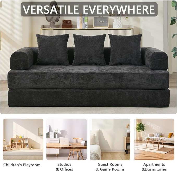 79 Inch 4-in-1 Convertible Sofa Bed Boneless Couches Chenille Folding Sleeper with Pull Out Bed Floor Futon Modular Lounge Loveseat compressed sofa No Assembly Required for Living Room (Black)