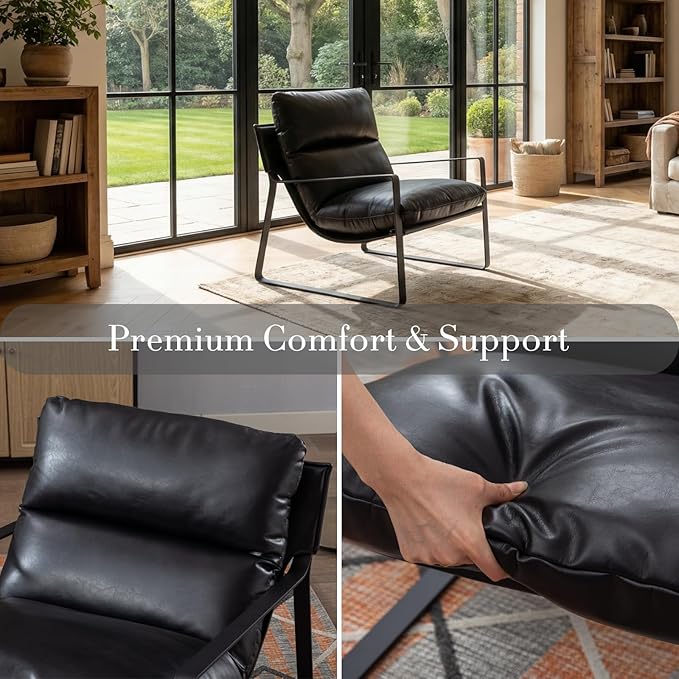 CIMOTA Modern Accent Chair Black PU Leather Upholstered Lounge Armchair with Black Metal Frame for Living Room Bedroom Office 2PCS