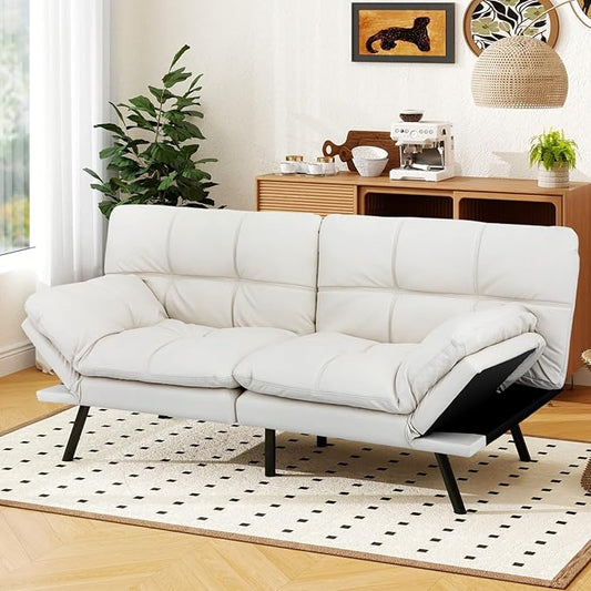 MUUEGM 71 Convertible Futon Sofa Bed Adjustable Backrest &amp Armrest Couch Comfortable Sleeper Loveseat with Faux Leather Ideal for Small Space Living Room Apartment Office White