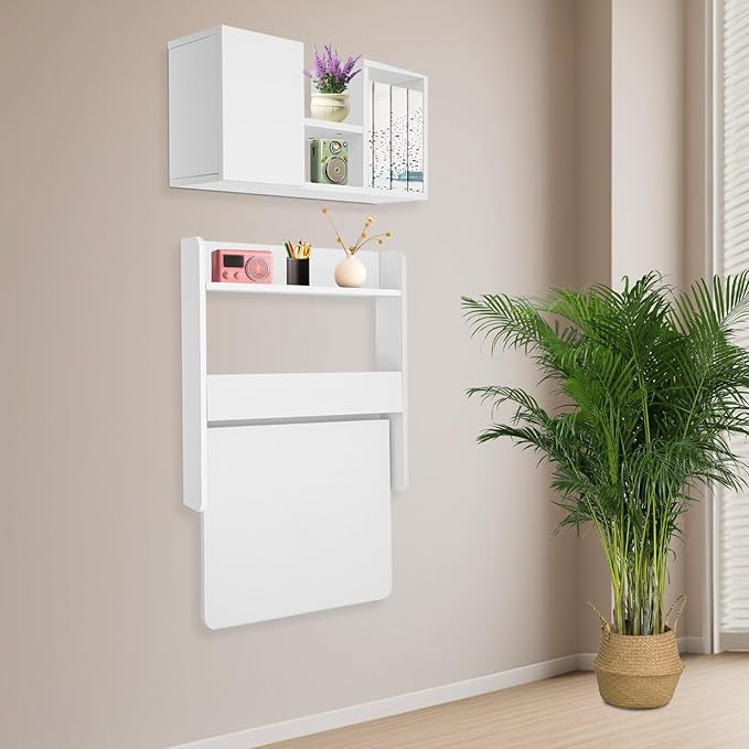 Wall Mounted Folding Desk Solid Wood Floating Laptop Desk with Wall Mounted Bookshelf for Living Room Coffee Shop Apartments 88lbs Table Load-Bearing (White)