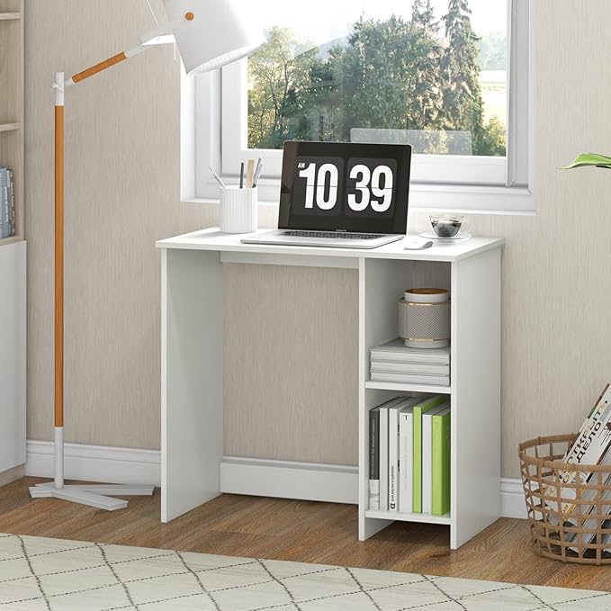 31.5 Computer Desk with Storage White Modern Wooden Office Desk for Small Spaces 2-Tier Shelves Writing Workstation for Home Bedroom Study – Compact Gaming &amp Vanity Table
