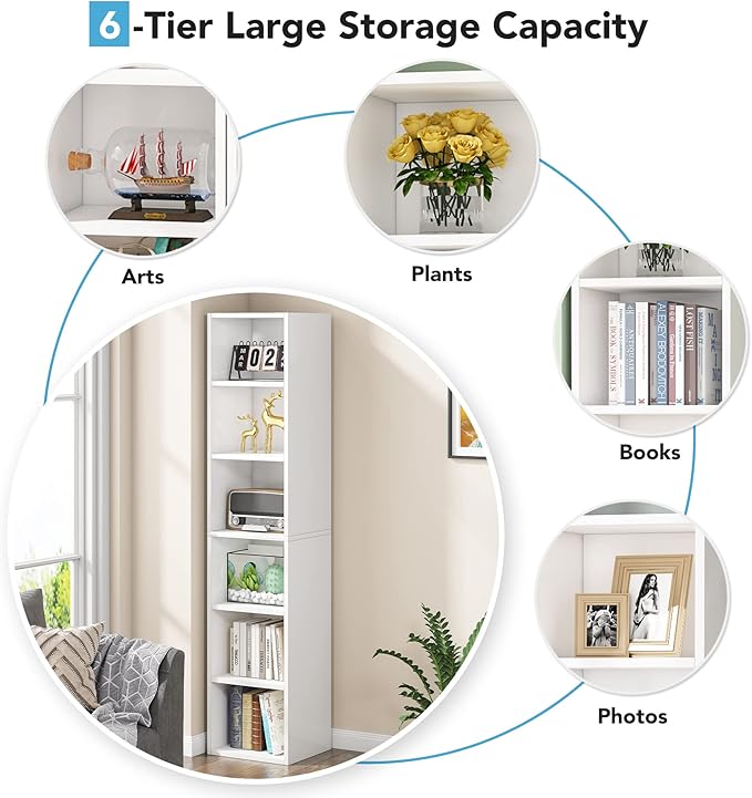 LITTLE TREE 70.9 Inch Tall Narrow Bookcase Corner Bookshelf 6 Tier Cube Display Shelf Storage Organizer for Small Space White
