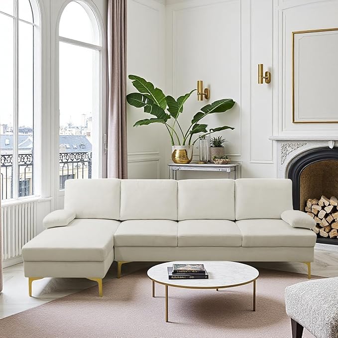 FONTOI L Shape Sofa with Chaise 4 Seat Living Room Sofa Set with Golden Wooden Leg Sectional Couch with Fluffy Fabric for Living Room Apartment Off-White