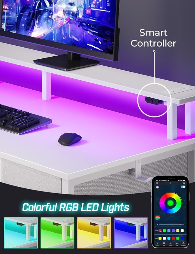 Seventable Computer Desk with Power Outlets &amp LED Light 55 inch Home Office Desk with 5 Drawers Writing Desk with Monitor Stand Work Desk for Home Office White