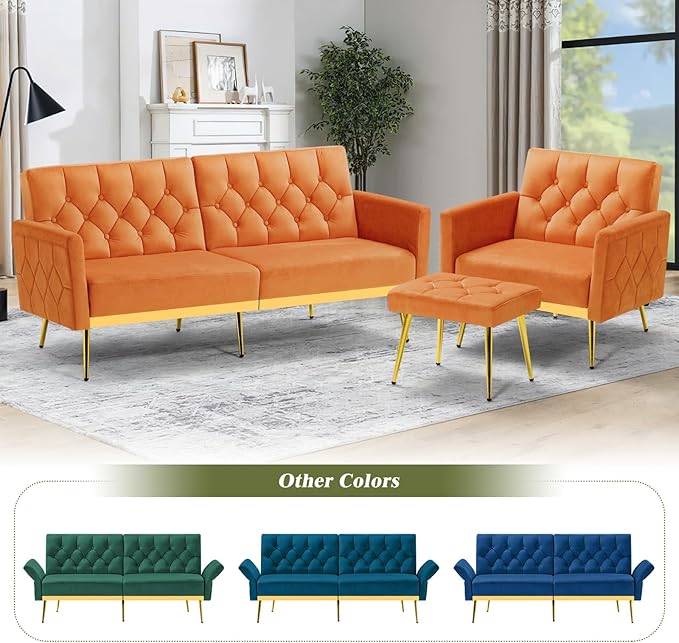 Velvet Sofa Bed w/Adjustable Armrests and Backrests Modern Convertible Sleeper Sofa Tufted Futon Sofa for Bedroom Living Room Apartment Orange