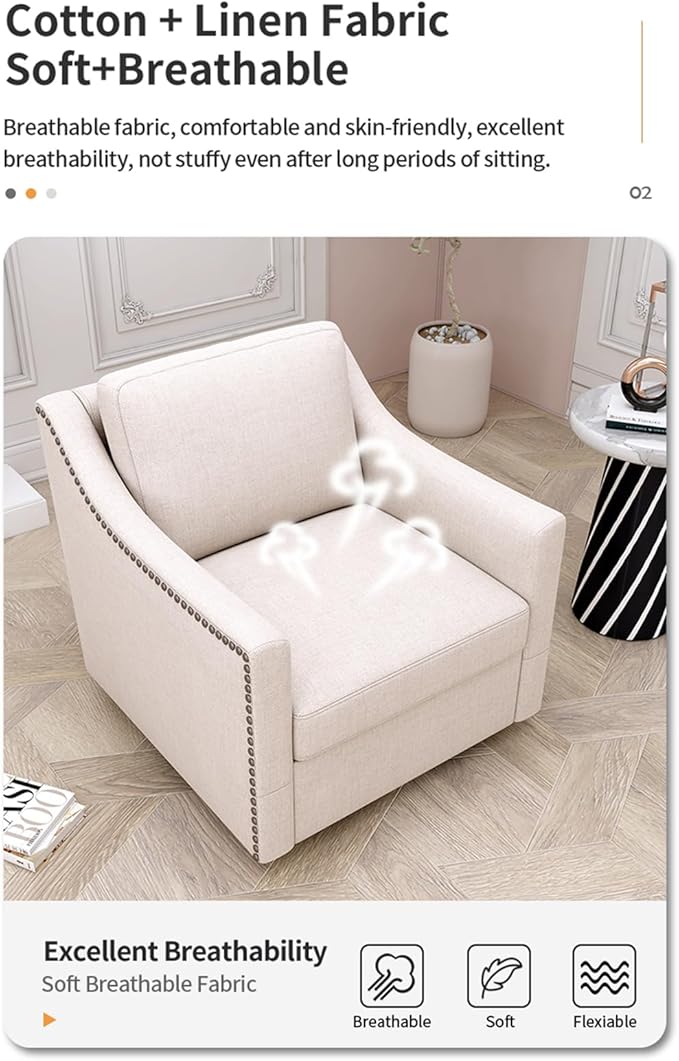 Upholstered Swivel Barrel Chair 31 Wide Modern Fabric Ergonomics Single Sofa Chair Living Room Bedroom Accent Chair Comfy Club Swivel Chair (Cotton Linen White)