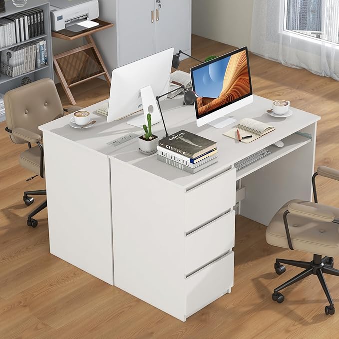 Tangkula White Desk with 3 Storage Drawers &amp Built-in Charging Station Home Office Desk with Keyboard Tray PC Desk Study Writing Table Vanity Table for Bedroom Computer Workstation (White)