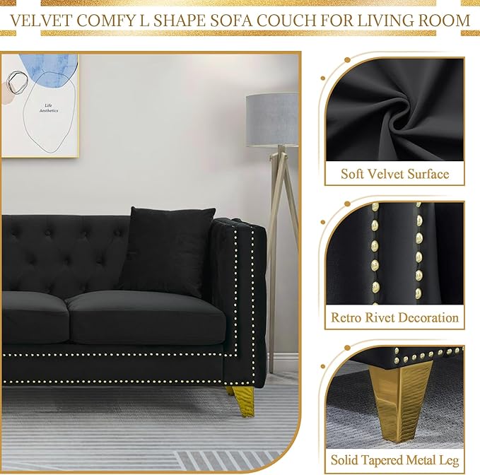 Velvet L Shaped Sofa Couch Upholstered Sectional Couch with Tufted Back and Rivet Decoration Modern 5 Seater Corner Sofa with Golden Tapered Legs and 3 Pillows Comfy Couches for Living Room Black