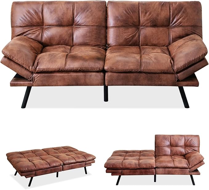 MUUEGM Brown Futon Sofa Bed Leather Memory Foam Modern Office Couch Sleeper Bed Convertible Love seat Sofa for Small SpacesApartmentOffice with Adjustable Armrest Backrest