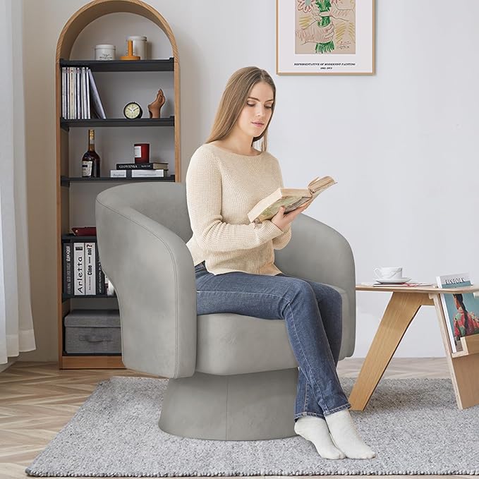 ANJ Swivel Accent Chair Modern Luxury Velvet Accent Chair Comfy Round Armchiars 360 Degree Swivel Barrel Chairs for Living Room Bedroom Office Grey