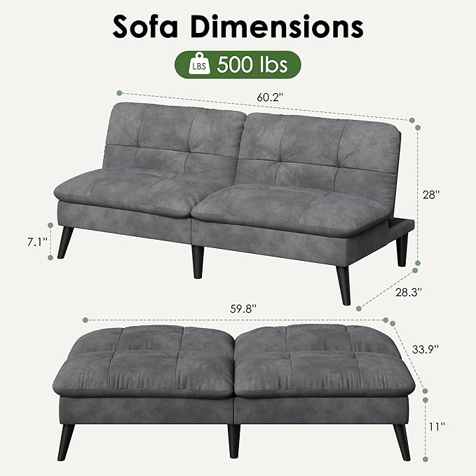 Vongrasig Futon Sofa Bed Velvet Futon Couch with Adjustable Backrest Small Convertible Folding Sleeper Sofa Bed Modern Loveseat for Living Room Bedroom and Small Space (Grey)