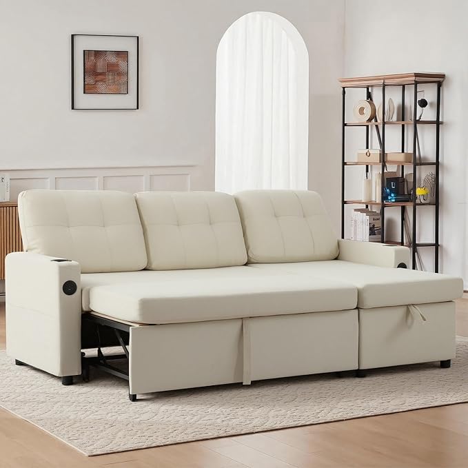 82 Pull Out Sofa BedL-Shape Modern Sleeper Sofa Upholstered Sectional Couch with USB Port and Side Pockets for Living Room and Guest Room (Beige)
