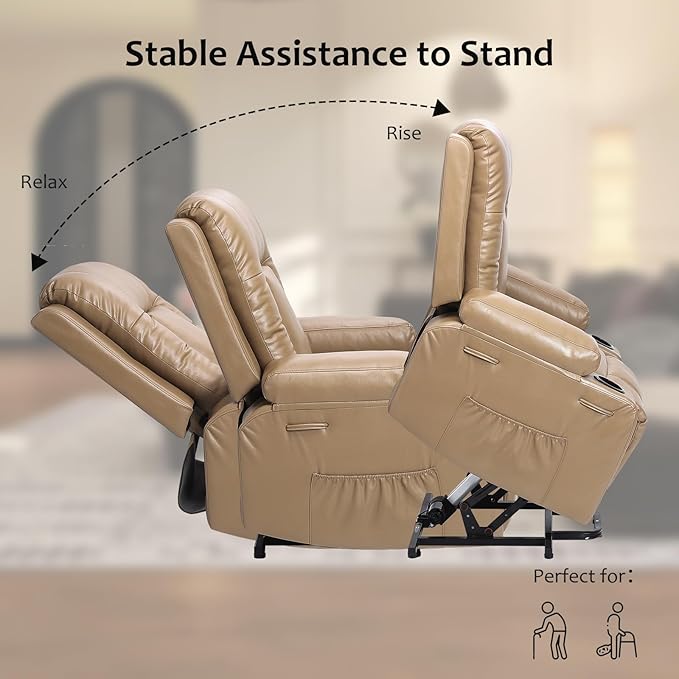 PU Leather Power Lift Recliner Chair Faux Leather Recliner Chair Sofa with Massage and Heat Remote Control Electric Stand Assist for Elderly and People Limited MobilityTan