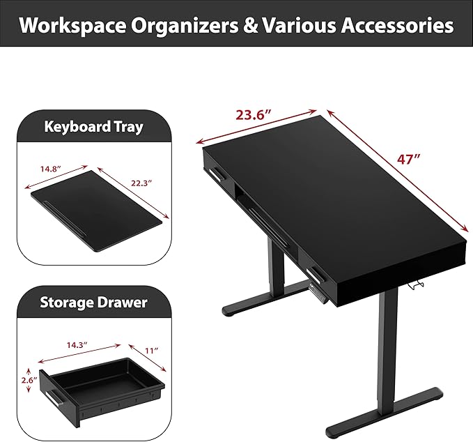 SHW 48-Inch Electric Height Adjustable Desk with Keyboard Tray and 2 Drawers Black