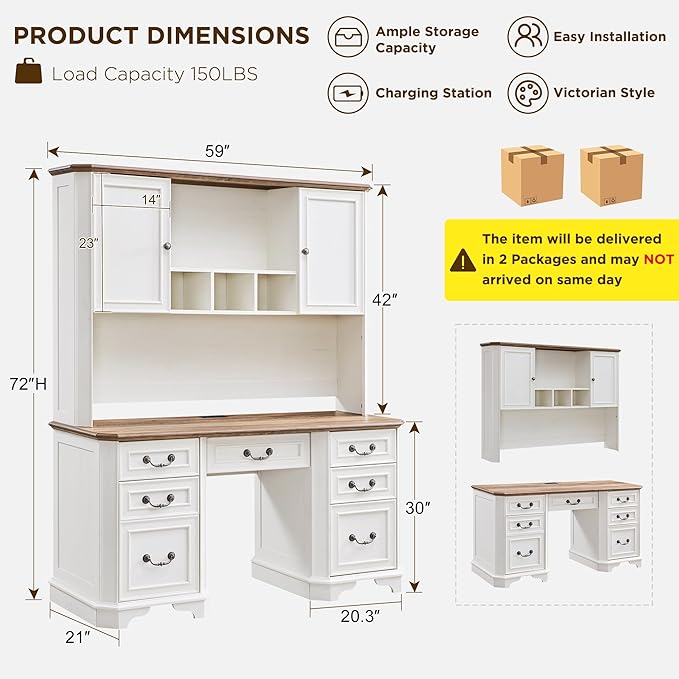 T4TREAM 59 Farmhouse Executive Desk with HutchWood Home Office Computer Desk Featuring Keyboard TrayCharging StationFile Drawer Storage Cabinetfor Work and Study (Antique White)