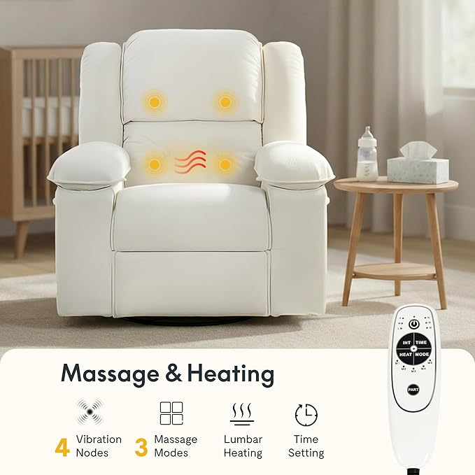 Softa Swivel Rocker Recliner for Adults Manual Reclining Chair with Massage &amp Heat Side Pocket Compact Nursery Glider Recliner for Living Room Bedroom or Apartment Beige