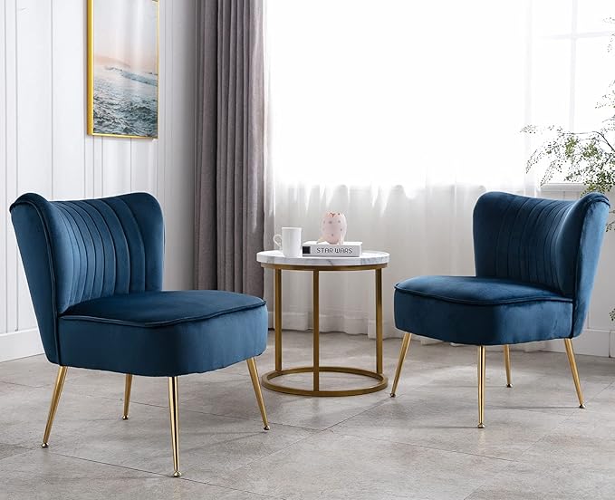 Blue Velvet Accent Chairs Set of 2 with Golden Legs Upholstered Side Chairs Mid-Century Modern Slipper Chairs for Guest Room Comfy Armless Wingback Corner Single Sofa Living Room Chairs
