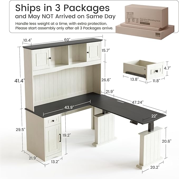 FEZIBO 60 L Shaped Executive Standing Desk with Hutch and Storage Cabinet Farmhouse Standing Desk with Charging Station Reversible Home Office Workstation Antique White