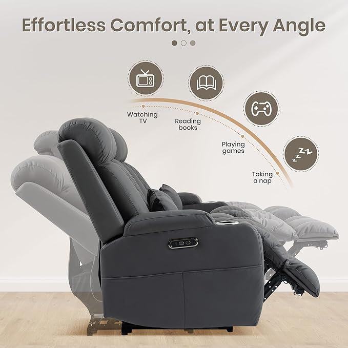 Wall Hugger Power Reclining Sofa with Manual Adjustable Headrests Electric Recliner Couch with Drop-Down Table Power Recliner Sofa 3-Seater with Charging Ports for Living Room (Grey)